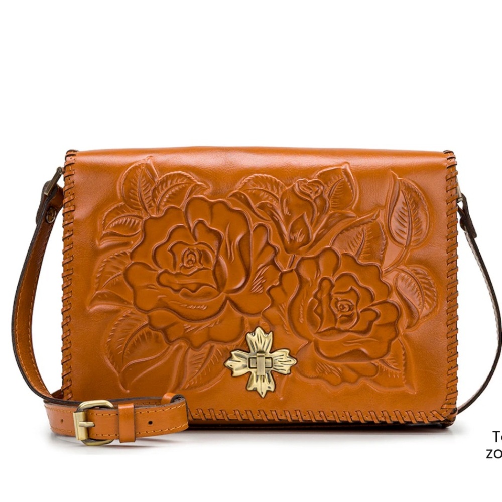 Patricia Nash Cognac Floral Tooled Leather Crossbody Bag